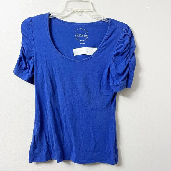 INC International Concepts Tops - Vtg Y2K INC Womens M Blue Sweater Puff Short Sleeve Ruched Scoop Neck Cobalt